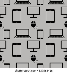 Seamless vector pattern, background with elements of technology, notebook, mobile, monitor and mouse, over light backdrop