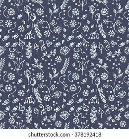 Seamless vector pattern, background with flowers and leaves on the blue backdrop. Hand sketch drawing. Imitation of ink pencilling. Series of Hand Drawn Patterns.