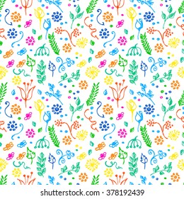 Seamless vector pattern, background with flowers and leaves on the white backdrop. Hand sketch drawing. Imitation of ink pencilling. Series of Hand Drawn Patterns.