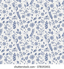 Seamless vector pattern, background with flowers and leaves on the checkered paper. Hand sketch drawing. Imitation of ink pencilling. Series of Hand Drawn Patterns.