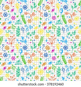 Seamless vector pattern, background with flowers and leaves on the checkered paper. Hand sketch drawing. Imitation of ink pencilling. Series of Hand Drawn Patterns.