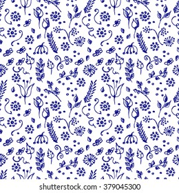 Seamless vector pattern, background with flowers and leaves on the blue backdrop. Hand sketch drawing. Imitation of ink pencilling. Series of Hand Drawn Patterns.