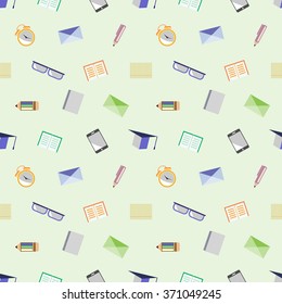 Seamless vector pattern, background with glasses, academic caps, letters, pens, pencils, notebooks and alarm clocks on the light background