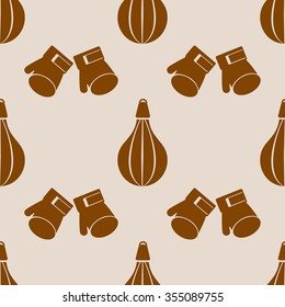 Seamless vector pattern.  Background with grey sports equipment. Punching bag and gloves on the beige backdrop