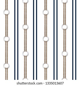 Seamless vector pattern background with hand drawn chain, and summer nautical rope in vertical stripe design for fashion,fabric,wallpaper,web and all prints on white color background 