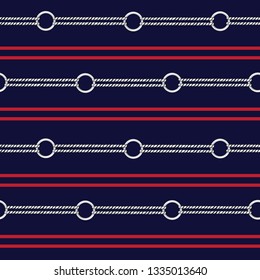 Seamless vector pattern background with hand drawn chain, and summer nautical rope in herizontal stripe design for fashion,fabric,wallpaper,web and all prints on navy blue color background 