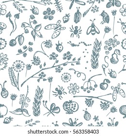 Seamless vector pattern, background with hand drawn cute insects, animals, fruits, flowers, leaves, decorative elements Hand sketch line drawing. doodle style Series of Hand Drawn seamless Patterns..