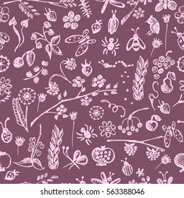 Seamless vector pattern, background with hand drawn cute insects, animals, fruits, flowers, leaves, decorative elements Hand sketch line drawing. doodle style Series of Hand Drawn seamless Patterns