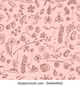 Seamless vector pattern, background with hand drawn cute insects, animals, fruits, flowers, leaves, decorative elements Hand sketch line drawing. doodle style Series of Hand Drawn seamless Patterns