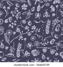 Seamless vector pattern, background with hand drawn cute insects, animals, fruits, flowers, leaves, decorative elements Hand sketch line drawing. doodle style Series of Hand Drawn seamless Patterns