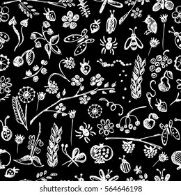 Seamless vector pattern, background with hand drawn cute insects, animals, fruits, flowers, leaves, decorative elements Hand sketch line drawing. doodle style Series of Hand Drawn seamless Patterns