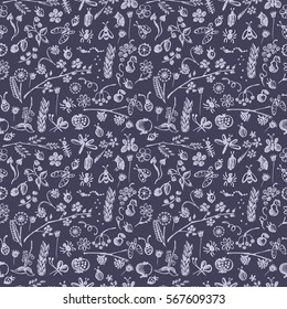 Seamless vector pattern, background with hand drawn cute insects, animals, fruits, flowers, leaves, decorative elements Hand sketch line drawing. doodle style Series of Hand Drawn seamless Patterns.