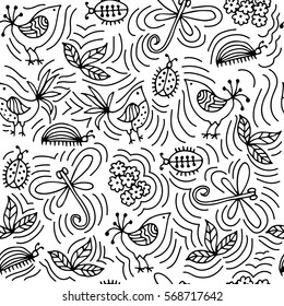 Seamless vector pattern, background with hand drawn cute insects, birds, flowers, leaves, decorative elements Hand sketch line drawing. doodle style Series of Hand Drawn seamless Patterns
