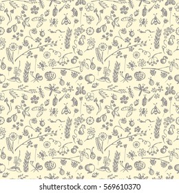 Seamless vector pattern, background with hand drawn cute insects, animals, fruits, flowers, leaves, decorative elements Hand sketch line drawing. doodle style Series of Hand Drawn seamless Patterns.