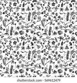 Seamless vector pattern, background with hand drawn cute insects, animals, fruits, flowers, leaves, decorative elements Hand sketch line drawing. doodle style Series of Hand Drawn seamless Patterns.