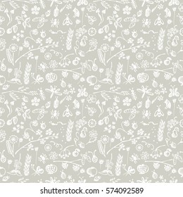 Seamless vector pattern, background with hand drawn cute insects, animals, fruits, flowers, leaves, decorative elements Hand sketch line drawing. doodle style Series of Hand Drawn seamless Patterns