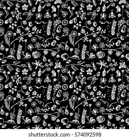 Seamless vector pattern, background with hand drawn cute insects, animals, fruits, flowers, leaves, decorative elements Hand sketch line drawing. doodle style Series of Hand Drawn seamless Patterns