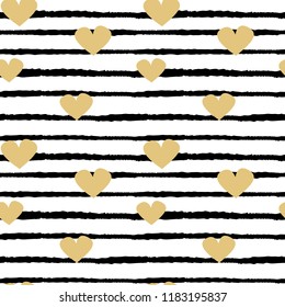 seamless vector pattern background illustration with hand drawn gold hearts on black and white stripes