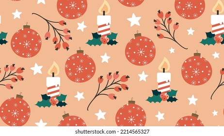 seamless vector pattern background illustration with berries, stars, christmas baubles ornament and candles