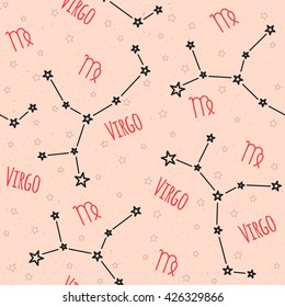 Seamless vector pattern. Background with the image of constellation Virgo zodiac sign on a sandy beige background with star. Pattern for design packaging, design brochures, printing on textiles
