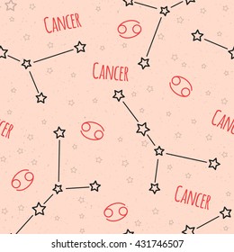 Seamless vector pattern. Background with the image of constellation Cancer zodiac sign on a sandy beige background with star. Pattern for design packaging, design brochures, printing on textiles