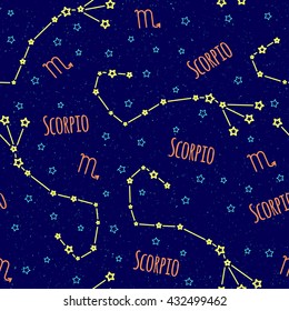 Seamless vector pattern. Background with the image of constellation scorpio zodiac sign on a dark blue background with blue stars. Pattern for design packaging, design brochures, printing on textiles