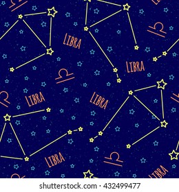 Seamless vector pattern. Background with the image of constellation libra zodiac sign on a dark blue background with blue stars. Pattern for design packaging, design brochures, printing on textiles