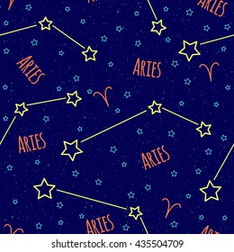 Seamless vector pattern. Background with the image of constellation Aries zodiac sign on a dark blue background with blue stars. Pattern for design packaging, design brochures, printing on textiles