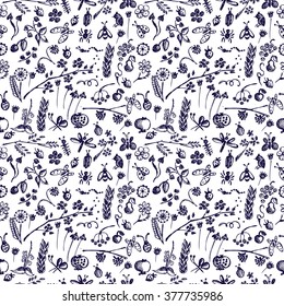 Seamless vector pattern, background with insects, fruits, flowers and leaves on the white backdrop. Hand sketch drawing. Imitation of ink pencilling. Series of Hand Drawn Patterns.