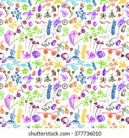 Seamless vector pattern, background with insects, fruits, flowers and leaves on the white backdrop. Hand sketch drawing. Imitation of ink pencilling. Series of Hand Drawn Patterns.