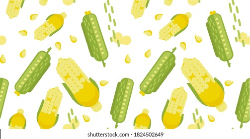Seamless Vector Pattern. Background Isolated Texture of Cute Little Corn and Cute Pickled Cucumbers with Seeds and Elements. Flat Design for Product Advertising in Shop,  Supermarket. Textile, Fabric.