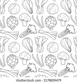 Seamless vector pattern background of leafy green vegetables made of simple illustrations.