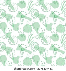 Seamless vector pattern background of leafy green vegetables made of simple illustrations.