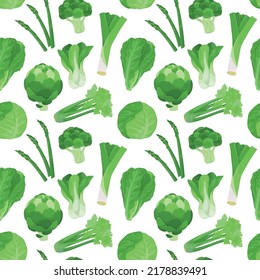 Seamless vector pattern background of leafy green vegetables made of simple illustrations.