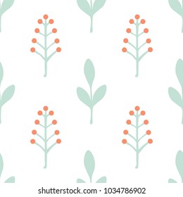 Seamless vector pattern. Background of light, stylized branches with berries and leaves isolated on white background. Simple style illustration.