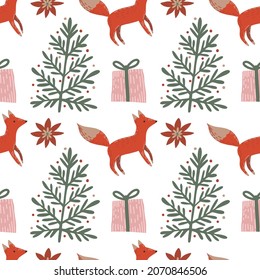 Seamless vector pattern. Background with little foxes, cute present boxes and Christmas trees. Nice for wallpapers, posters and wrapping paper.