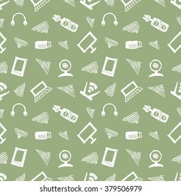 Seamless vector pattern, background monitor, notebook, router, usb and microphone on the green backdrop. Hand sketch drawing. Imitation of ink pencilling. Series of Hand Drawn and Technology Patterns.