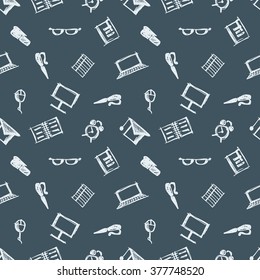 Seamless vector pattern, background notebooks, pens, pencils, glasses and books on the blue backdrop. Hand sketch drawing. Imitation of ink pencilling. Series of Hand Drawn Patterns.