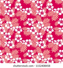 Seamless vector pattern background with palm leaves and hibiscus (tropical flower) in Hawaii and Pacific islands. For wallpapers, backgrounds, textures, textile.