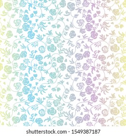 A seamless vector pattern background with pastel colored rose flowers ornament. Girly surface print design in light rainbow colors. Great for backgrounds, valentines cards, wgift wrap and packaging.