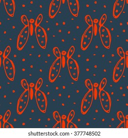 Seamless vector pattern, background with red butterflies on the blue backdrop. Hand sketch drawing. Series of Insects and Hand Drawn Patterns.