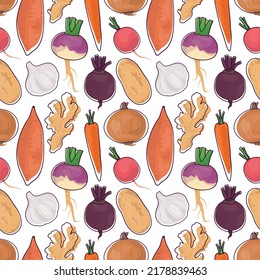 Seamless vector pattern background of root vegetables made of simple illustrations.