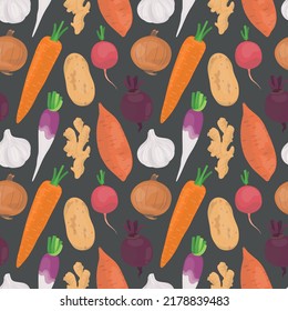 Seamless vector pattern background of root vegetables made of simple illustrations.