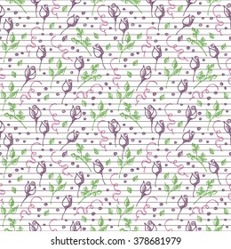 Seamless vector pattern, background with roses, branches and leaves on the lined white backdrop. Hand sketch drawing. Imitation of ink pencilling. Series of Hand Drawn Patterns.