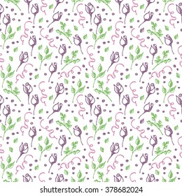 Seamless vector pattern, background with roses, branches and leaves on the white backdrop. Hand sketch drawing. Imitation of ink pencilling. Series of Hand Drawn Patterns.