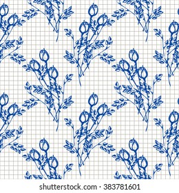 Seamless vector pattern, background with roses, branches and leaves on the checkered backdrop. Hand sketch drawing. Imitation of ink pencilling. Series of Hand Drawn Patterns.