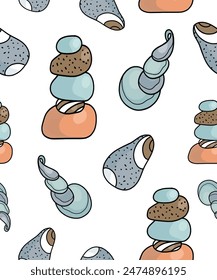 Seamless vector pattern, background with sea pebbles, shells, corals. Summer design, vacations, marine set