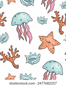 Seamless vector pattern, background with sea pebbles, shells, jellyfish, medusa, corals. Summer design, vacations, marine set