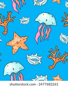 Seamless vector pattern, background with sea pebbles, shells, jellyfish, medusa, corals. Summer design, vacations, marine set