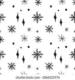 Seamless vector pattern. Background with snowflakes and Christmas stars. Black and white illustration. Texture for Christmas and New Year postcards, wallpapers and gift products.